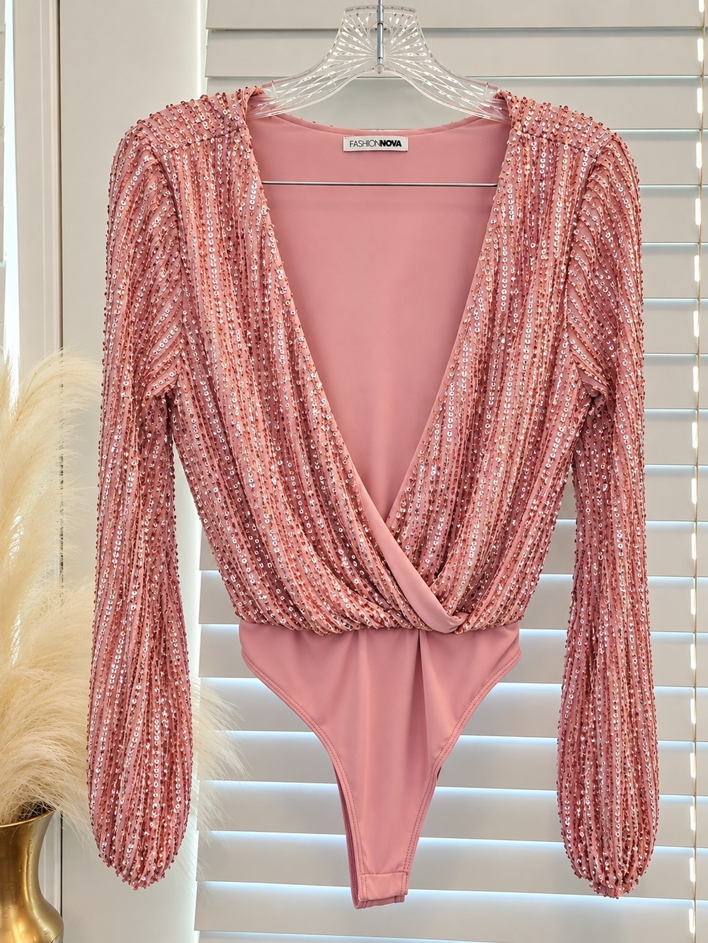 Fashion Nova Rose Pink Sequin Long-Sleeve One-Piece Bodysuit